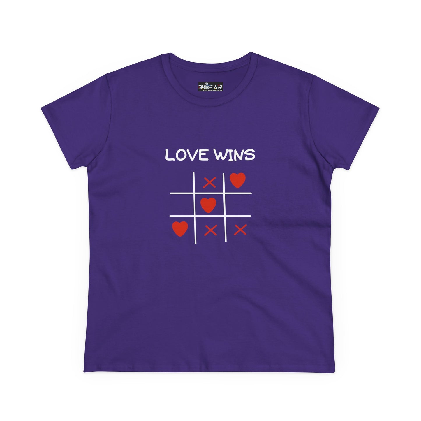 Purple inspirational cotton t-shirt for women with Love Wins tic tac toe heart design