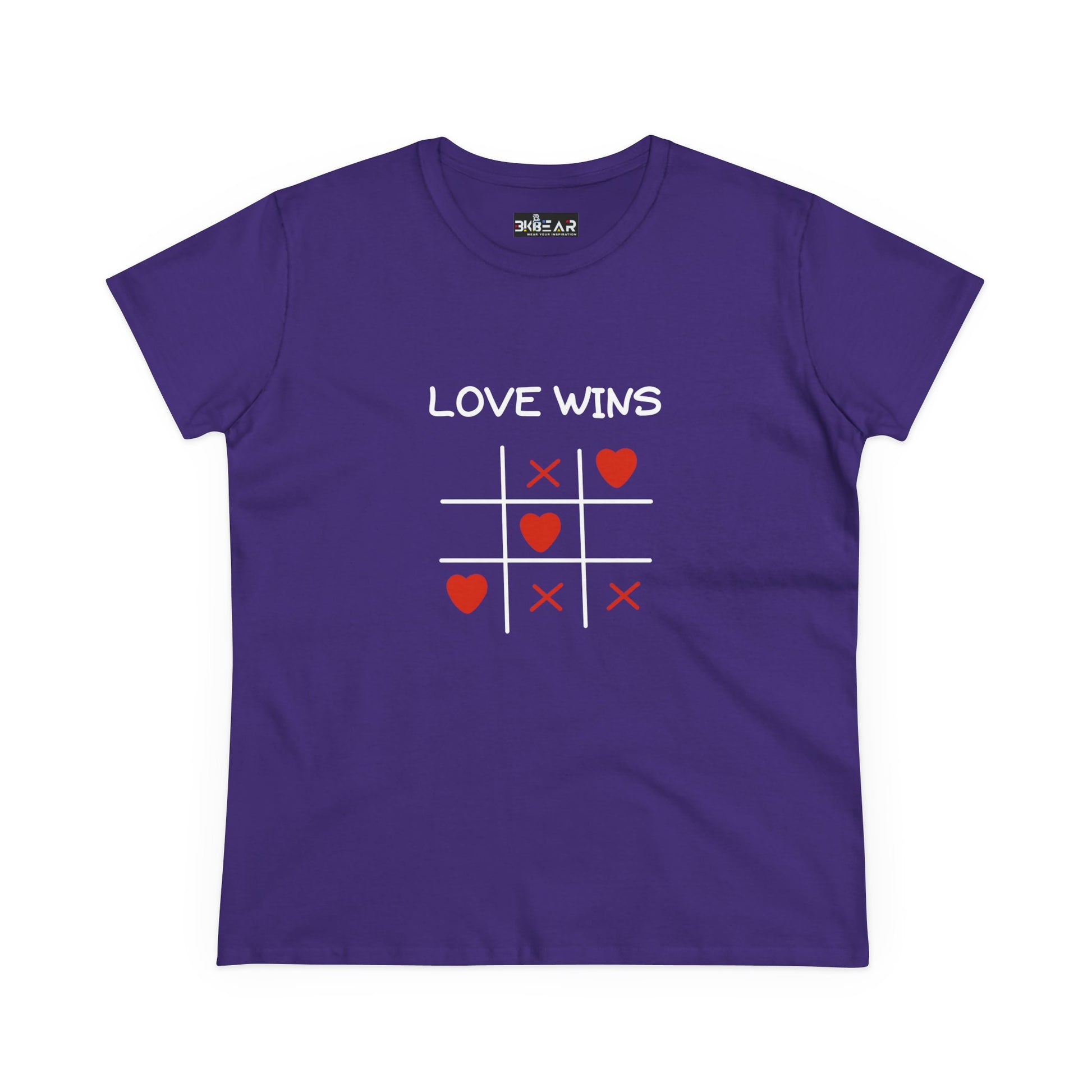 Purple inspirational cotton t-shirt for women with Love Wins tic tac toe heart design