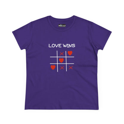 Purple inspirational cotton t-shirt for women with Love Wins tic tac toe heart design
