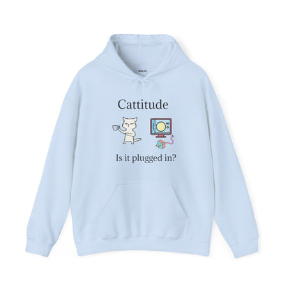 Cattitude, Is it plugged In, Unisex Hooded Sweatshirt.