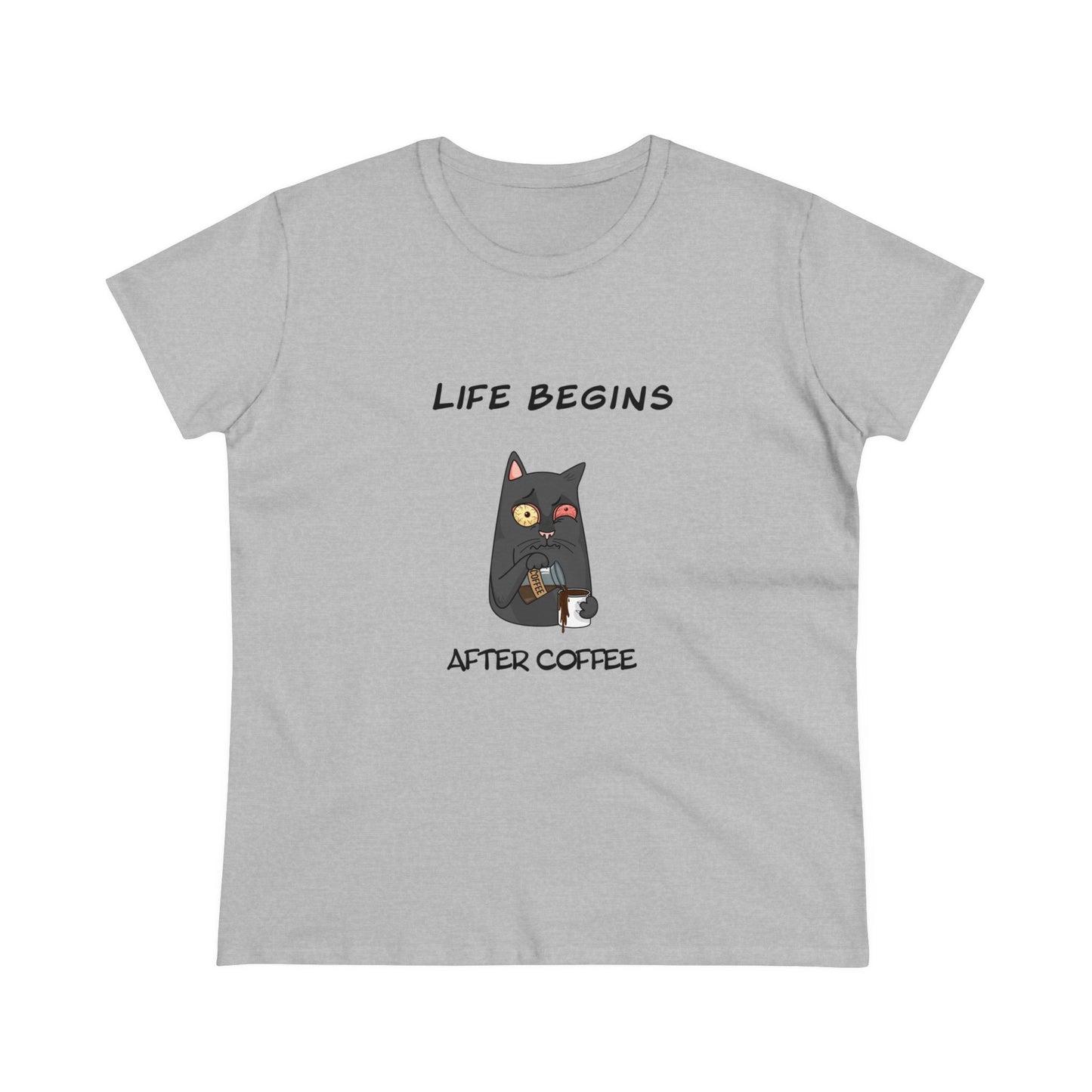 Luna The Cat. Life Begins After Coffee. Women's Midweight Cotton Tee