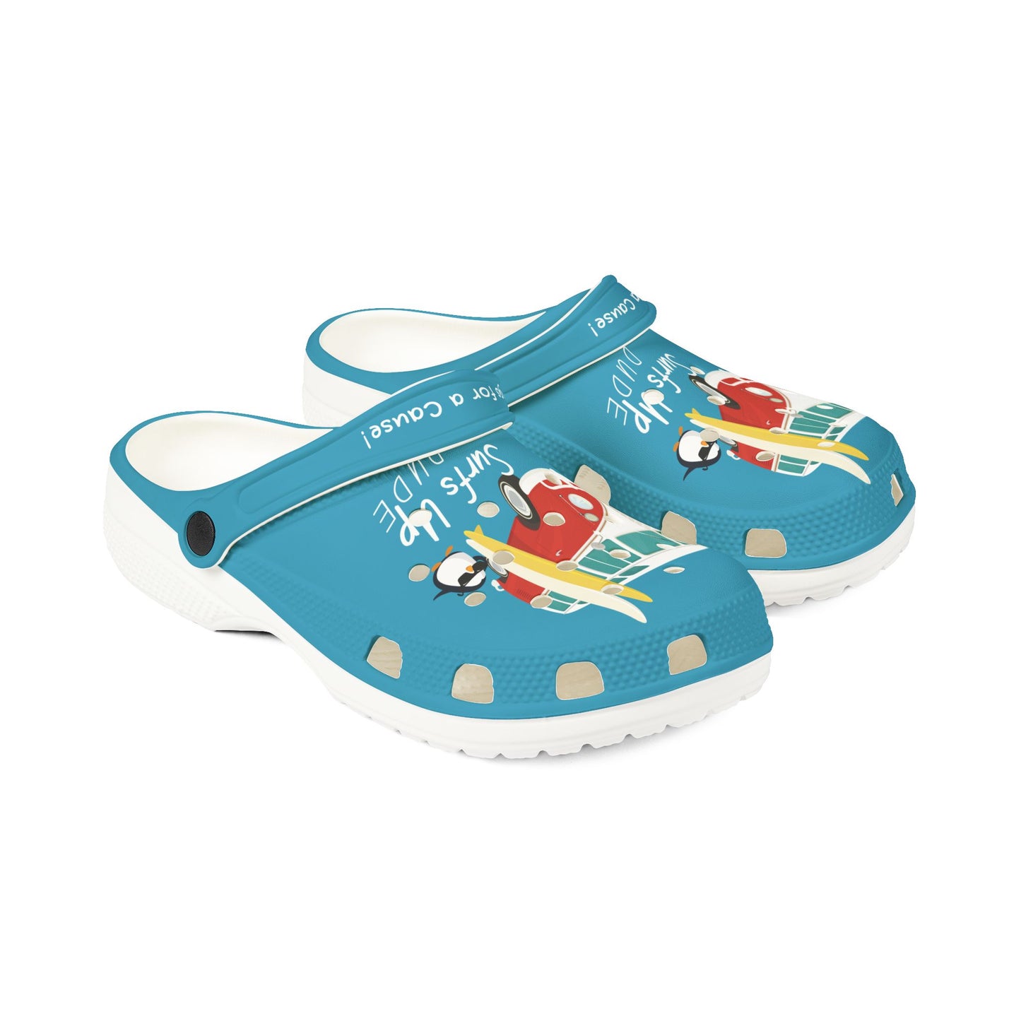 Turquoise Surfs Up Dude Graphic Rubber Clogs for Men