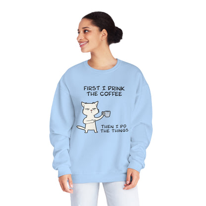 Cat Drinking Coffee To Kick Start The day and Do Things. Unisex NuBlend® Crewneck Sweatshirt