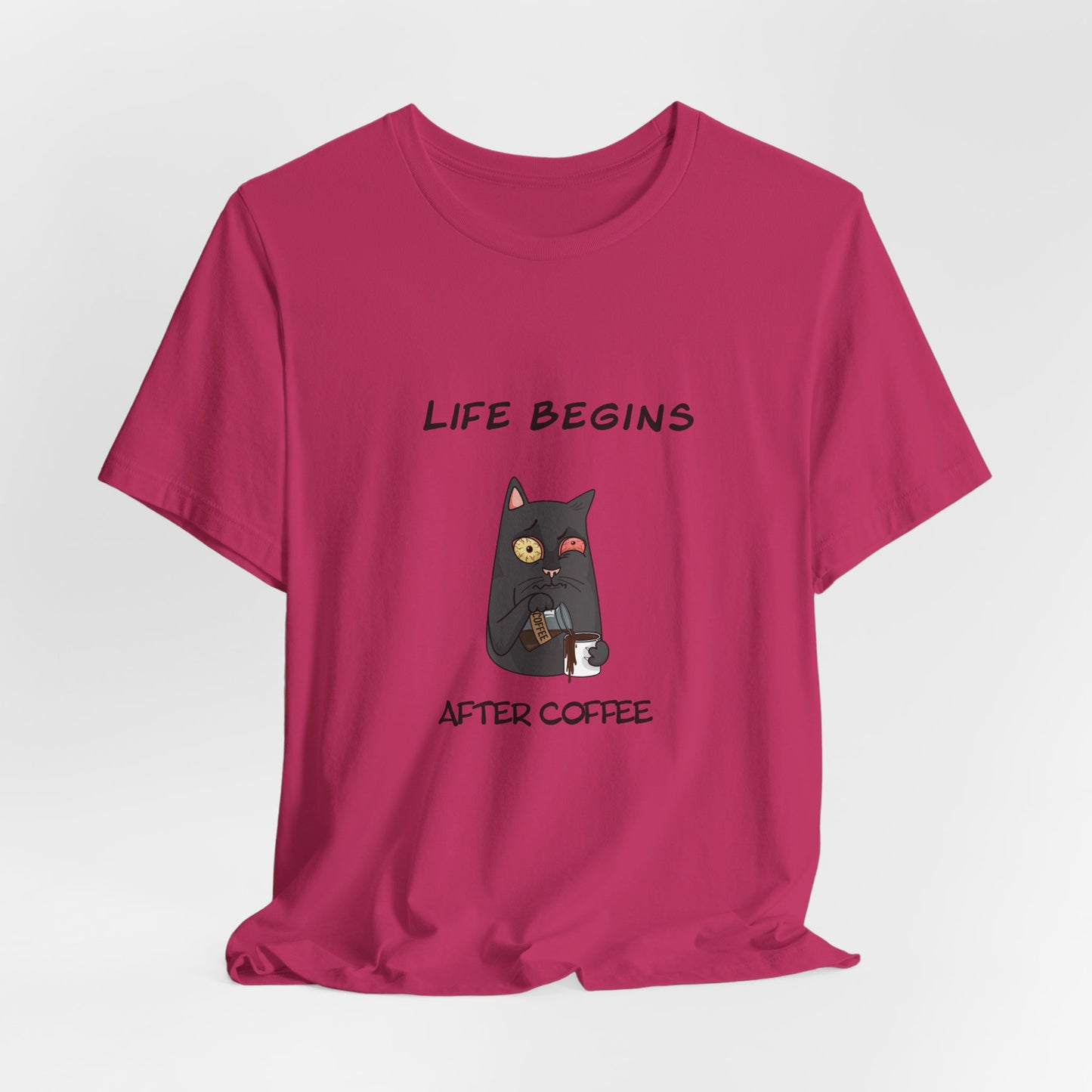 Luna The Cat. Life Begins After Coffee. Unisex Jersey Short Sleeve Tee