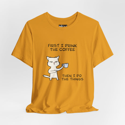 Cat Drinking Coffee To Kick Start The day and Do Things. Unisex Jersey Short Sleeve Tee