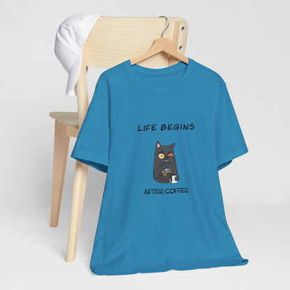 Luna The Cat. Life Begins After Coffee. Unisex Jersey Short Sleeve Tee