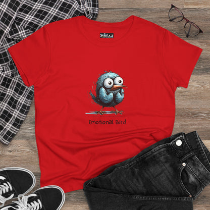 Emotional Bird Women’s Tee | Whimsical Bird Graphic Midweight Cotton Tee