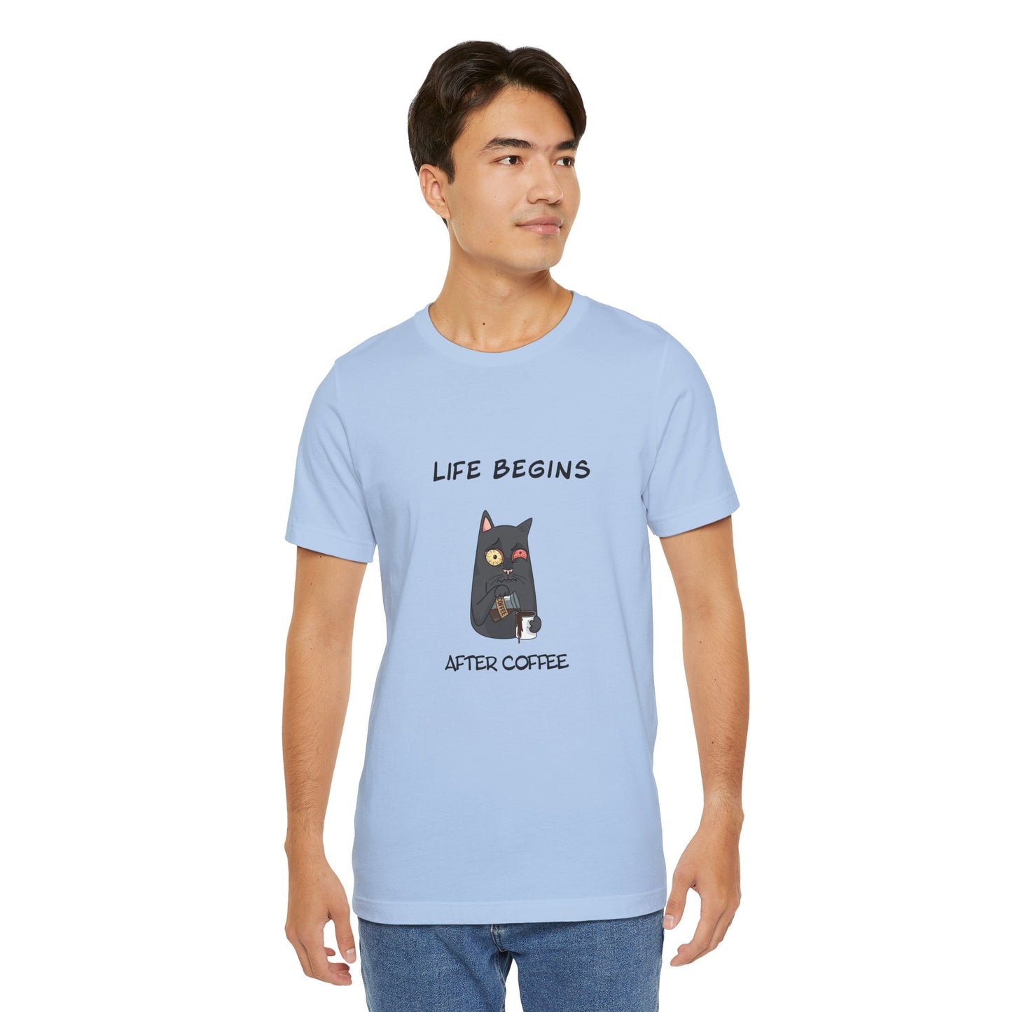 Luna The Cat. Life Begins After Coffee. Unisex Jersey Short Sleeve Tee