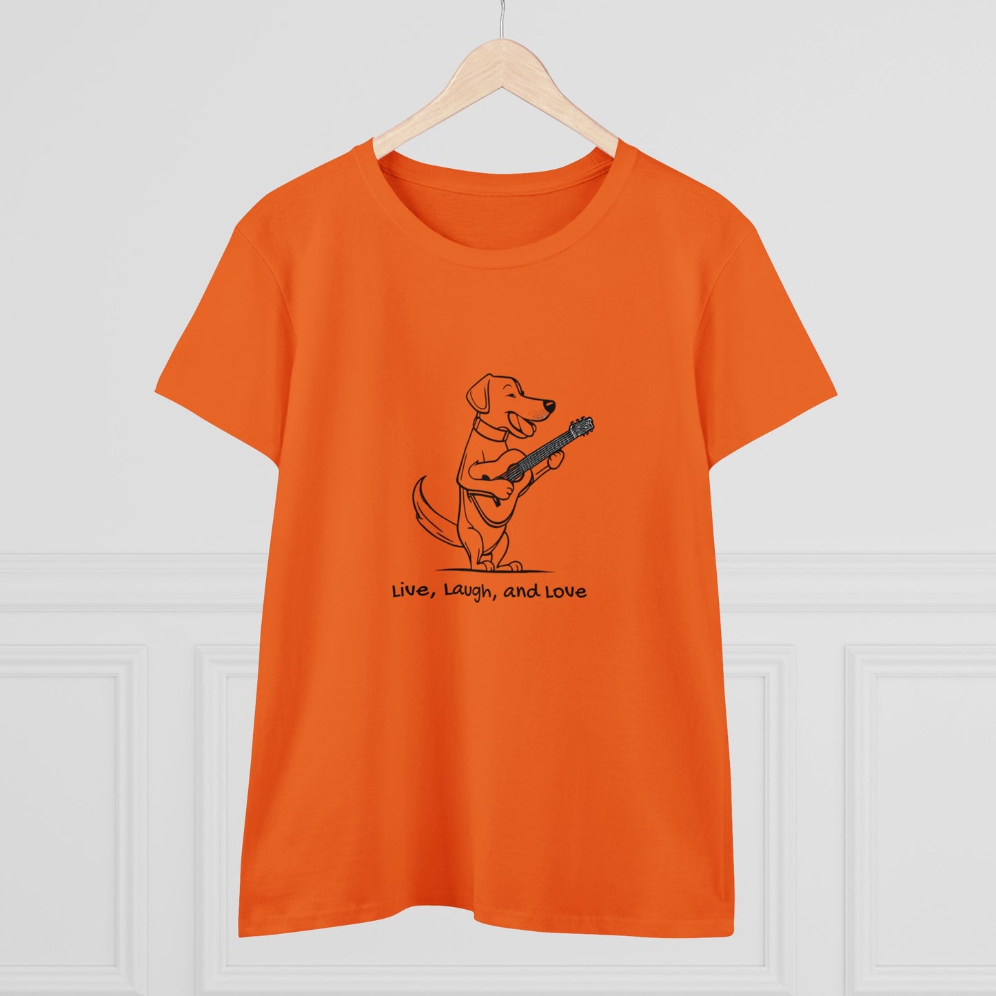 Dog With Guitar. Live, Laugh, and Love. Women's Midweight Cotton Tee