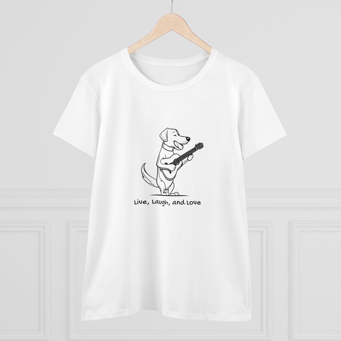 Dog With Guitar. Live, Laugh, and Love. Women's Midweight Cotton Tee