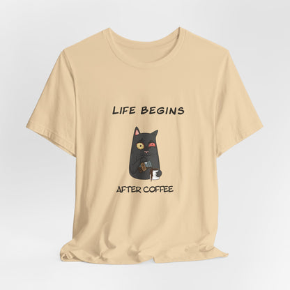 Luna The Cat. Life Begins After Coffee. Unisex Jersey Short Sleeve Tee