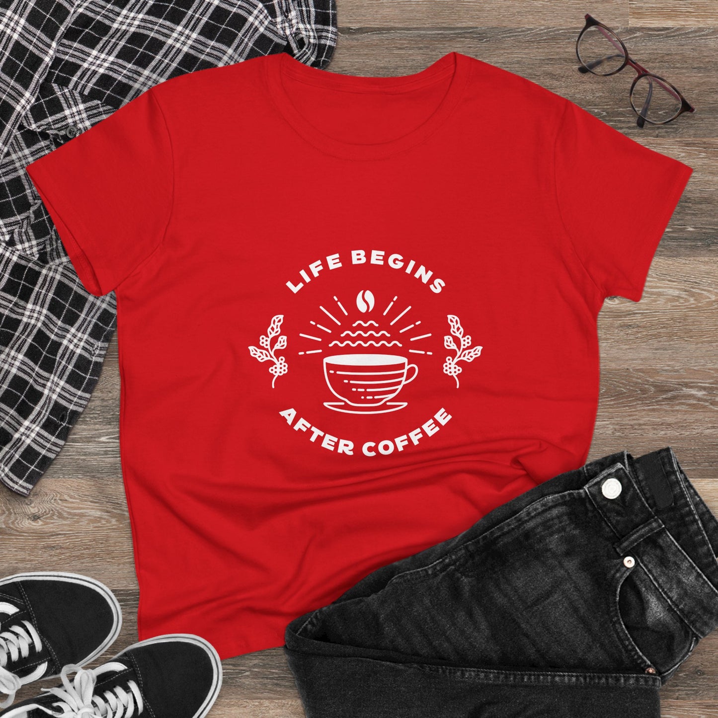 Life Begins After Coffee Graphic Tee. Women's Midweight Cotton Tee