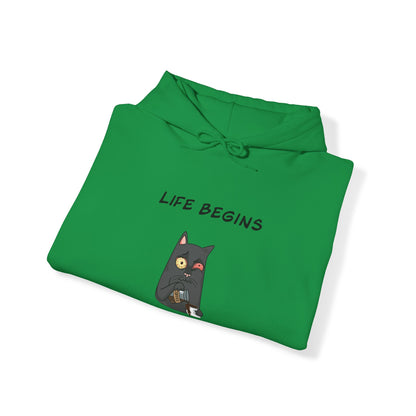 Luna The Cat. Life Begins After Coffee. Unisex Heavy Blend™ Hooded Sweatshirt