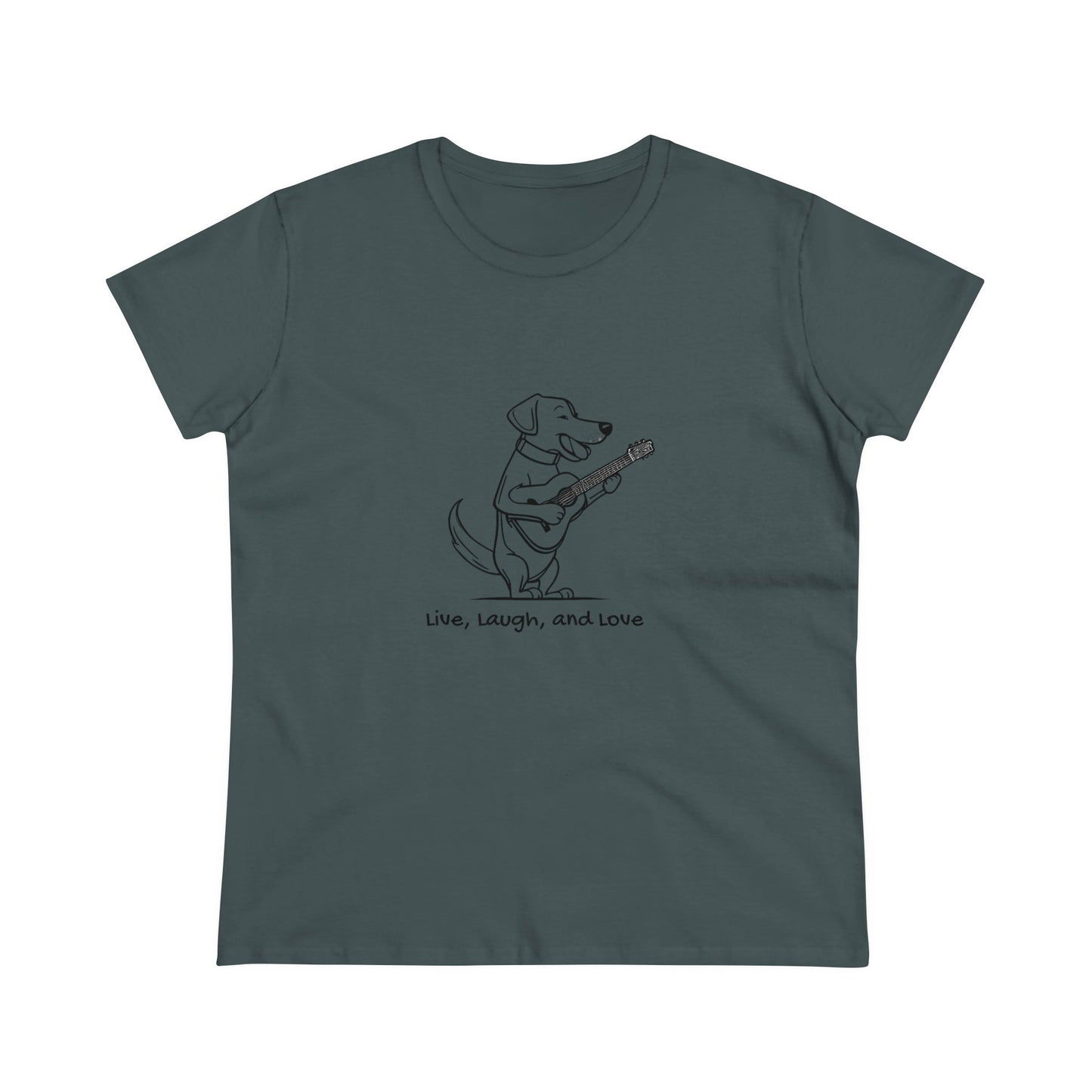 Dog With Guitar. Live, Laugh, and Love. Women's Midweight Cotton Tee