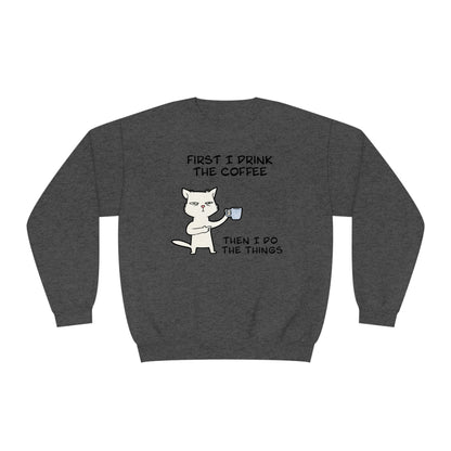 Cat Drinking Coffee To Kick Start The day and Do Things. Unisex NuBlend® Crewneck Sweatshirt