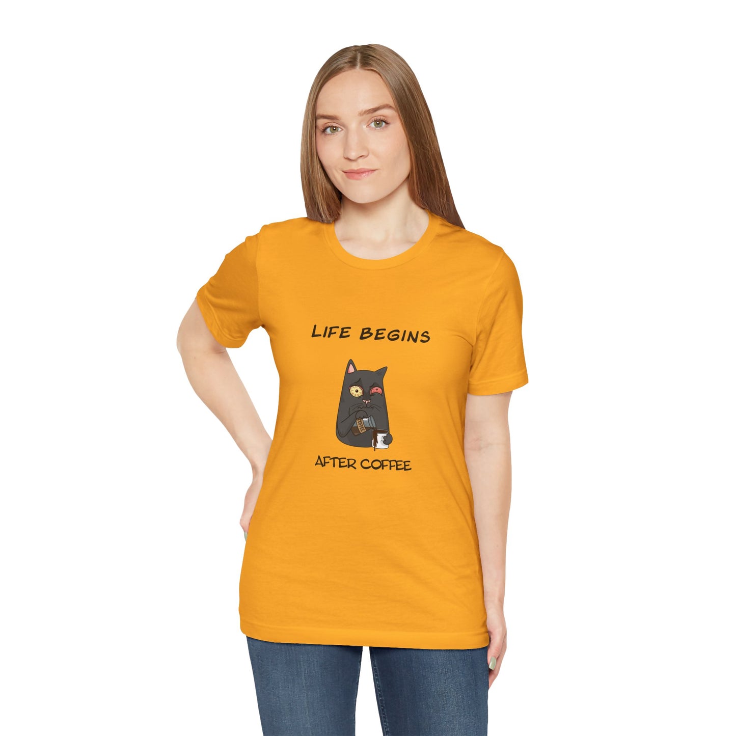 Luna The Cat. Life Begins After Coffee. Unisex Jersey Short Sleeve Tee