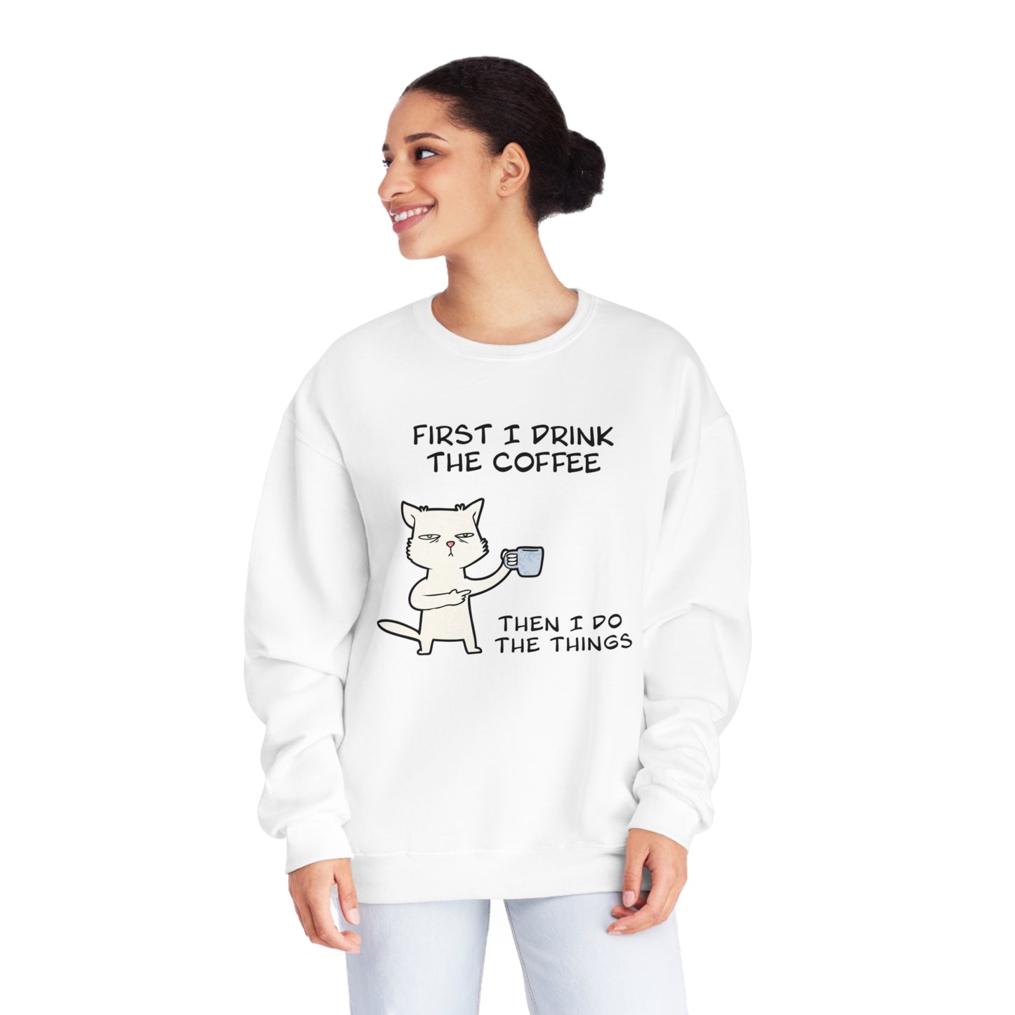 Cat Drinking Coffee To Kick Start The day and Do Things. Unisex NuBlend® Crewneck Sweatshirt