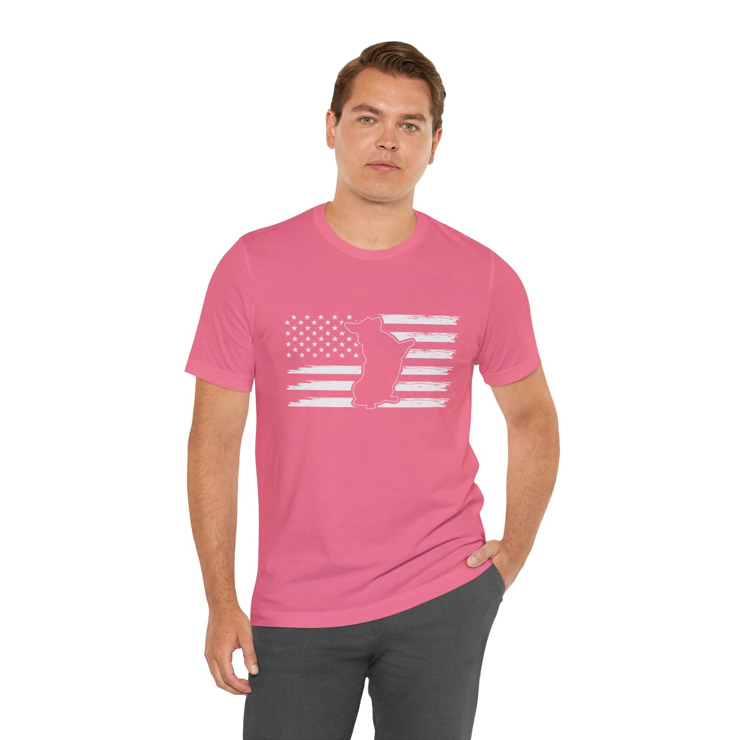 Charlie The American Flag Dog.  Unisex Jersey Short Sleeve Tee
