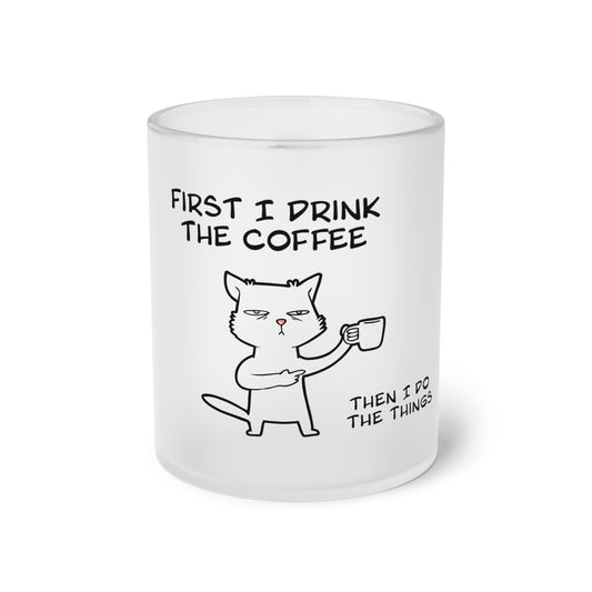 Cat Drinking Coffee To Kick Start The day and Do Things. Frosted Glass Mug