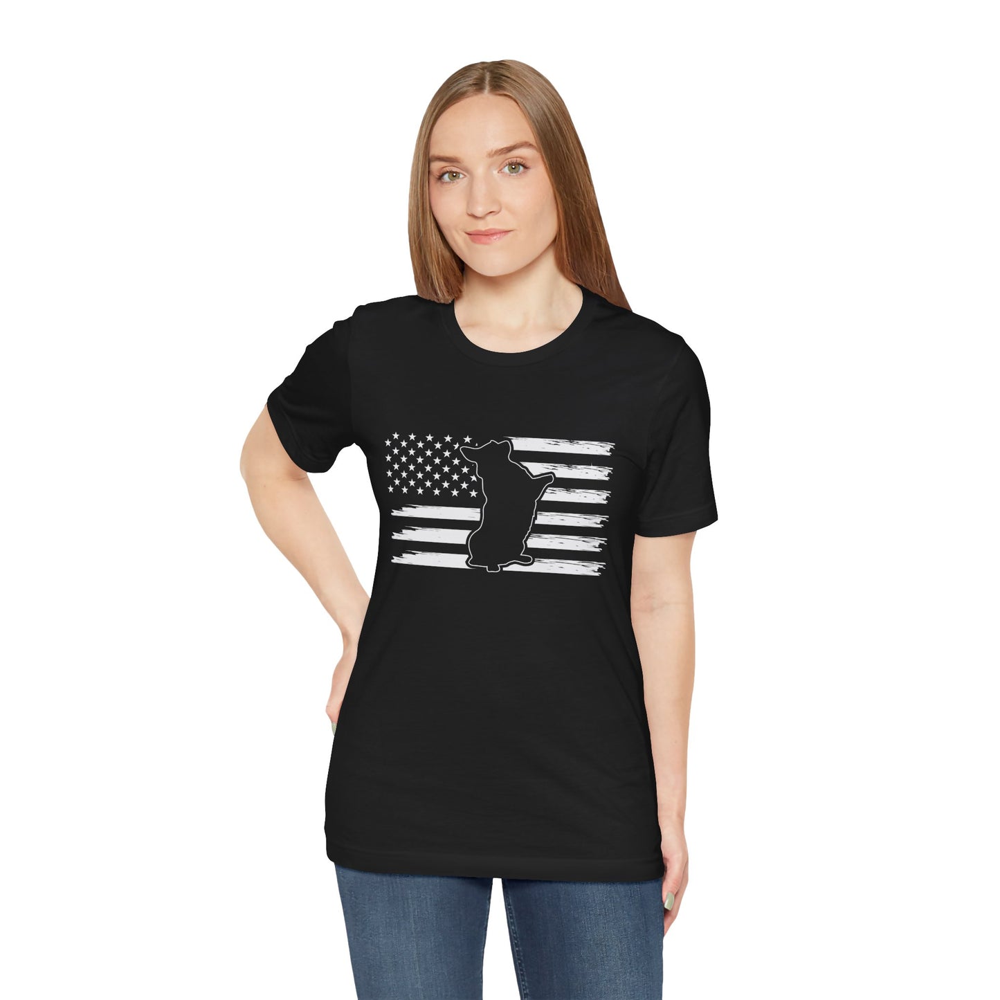 Charlie The American Flag Dog.  Unisex Jersey Short Sleeve Tee