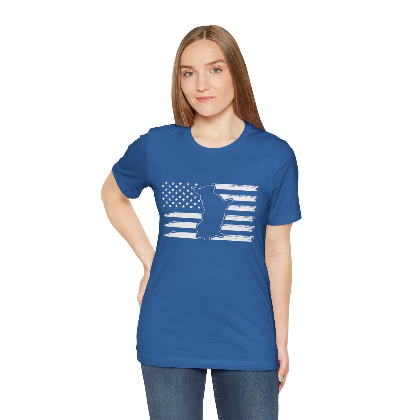 Charlie The American Flag Dog.  Unisex Jersey Short Sleeve Tee