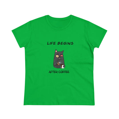 Luna The Cat. Life Begins After Coffee. Women's Midweight Cotton Tee