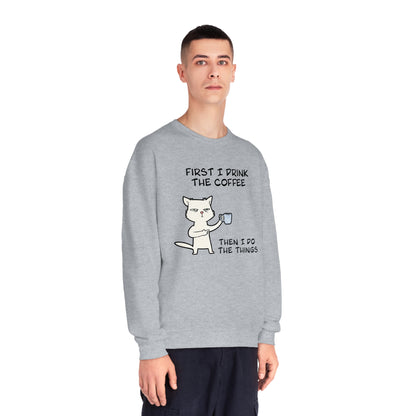 Cat Drinking Coffee To Kick Start The day and Do Things. Unisex NuBlend® Crewneck Sweatshirt