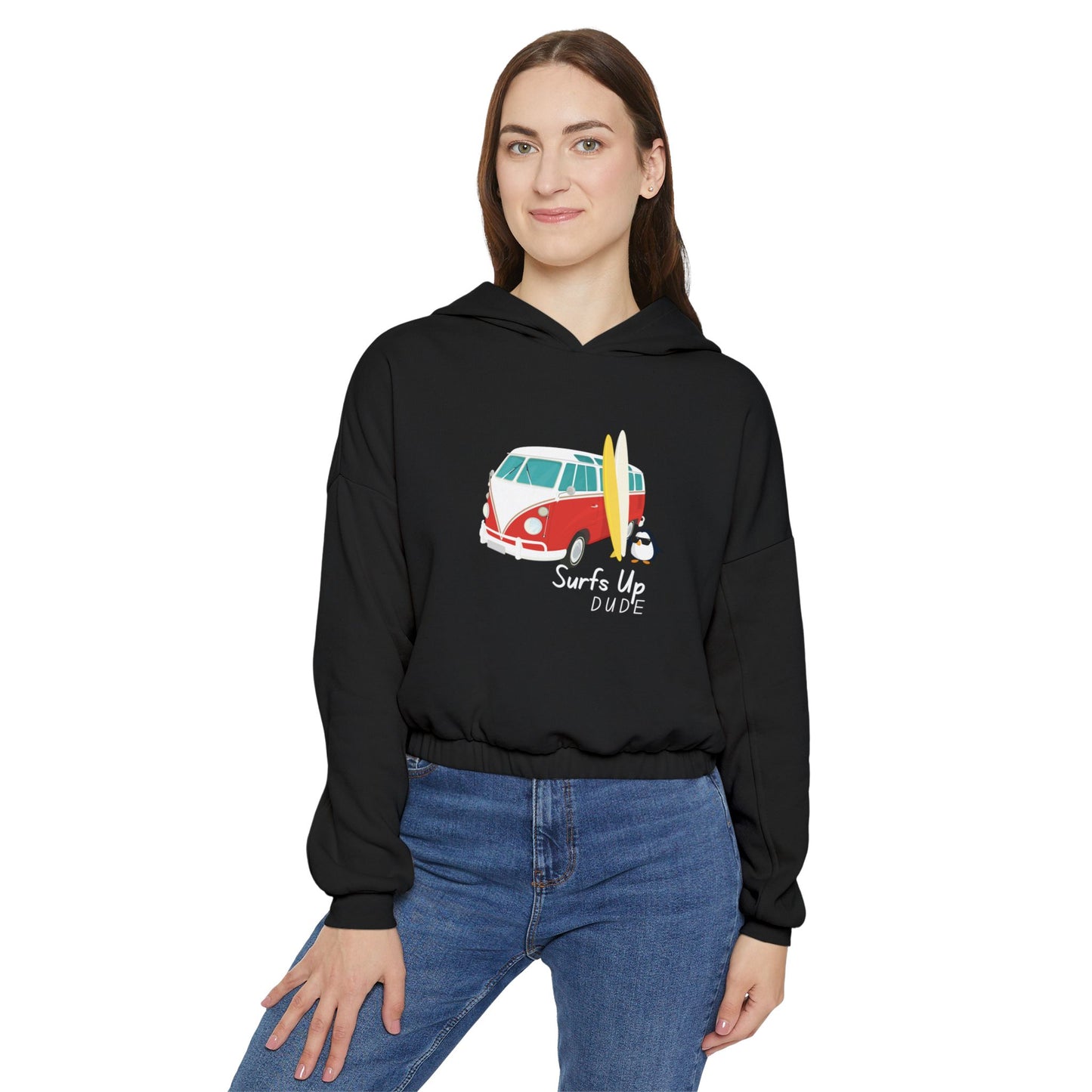 Surf's Up Dude. Women's Cinched Bottom Hoodie