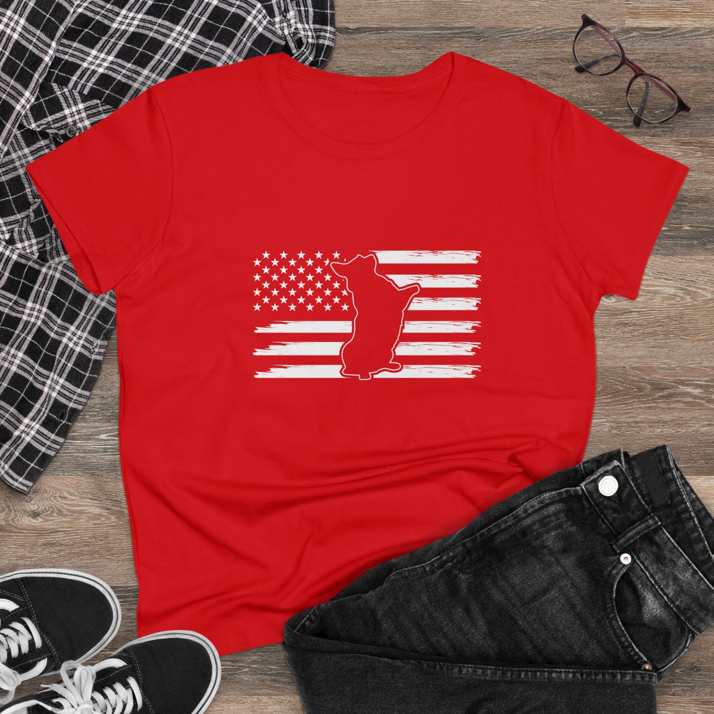 Charlie The American Flag Dog. Women's Midweight Cotton Tee