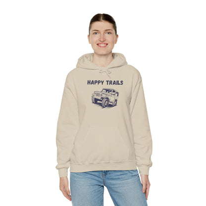 Happy Trails Unisex Hooded Sweatshirt, Cozy Outdoor Hoodie, Perfect Gift for Adventurers, Casual Wear, Great for Road Trips