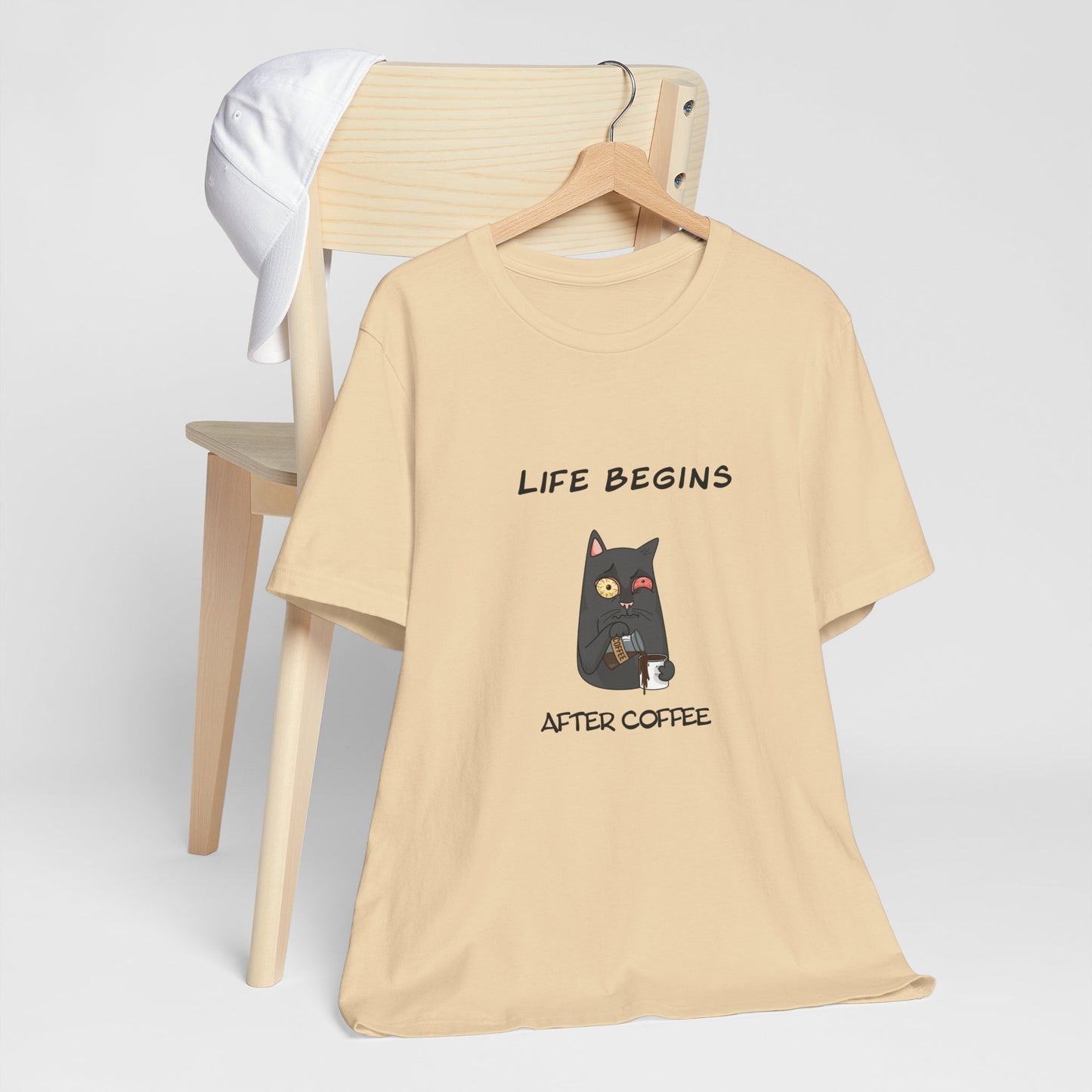 Luna The Cat. Life Begins After Coffee. Unisex Jersey Short Sleeve Tee
