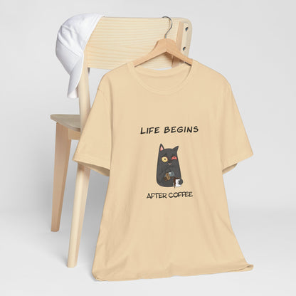 Luna The Cat. Life Begins After Coffee. Unisex Jersey Short Sleeve Tee