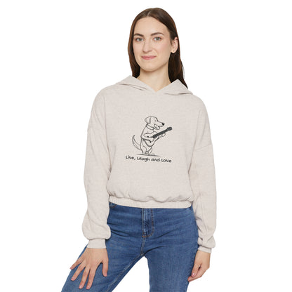 Dog Playing Guitar. Live, Laugh and Love. Women's Cinched Bottom Hoodie