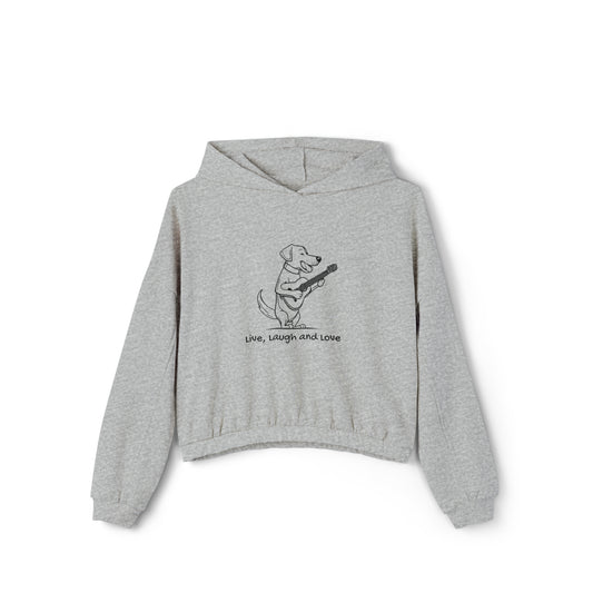 Dog Playing Guitar. Live, Laugh and Love. Women's Cinched Bottom Hoodie
