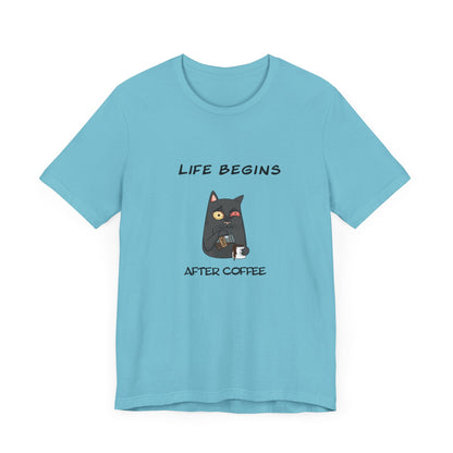 Luna The Cat. Life Begins After Coffee. Unisex Jersey Short Sleeve Tee