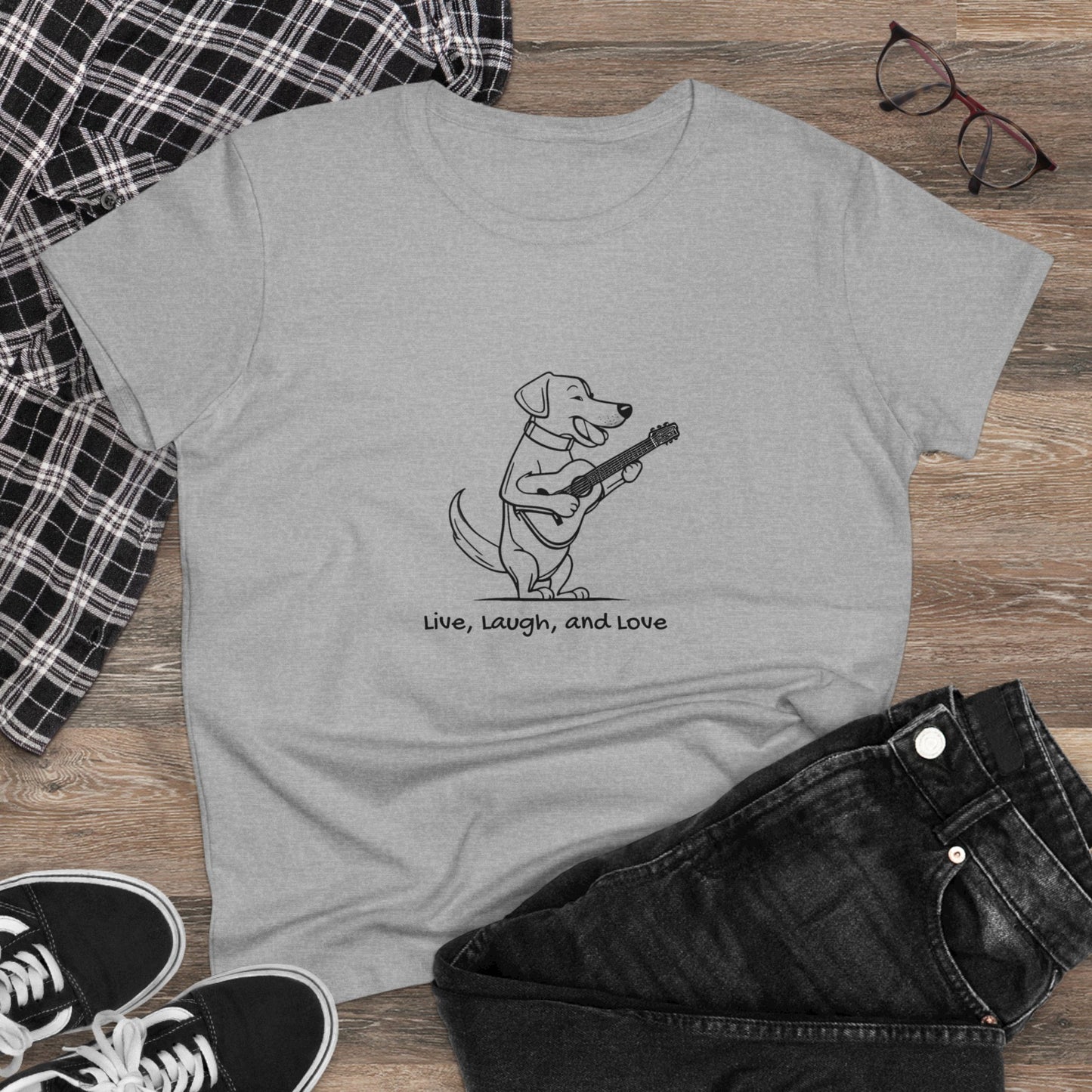 Dog With Guitar. Live, Laugh, and Love. Women's Midweight Cotton Tee