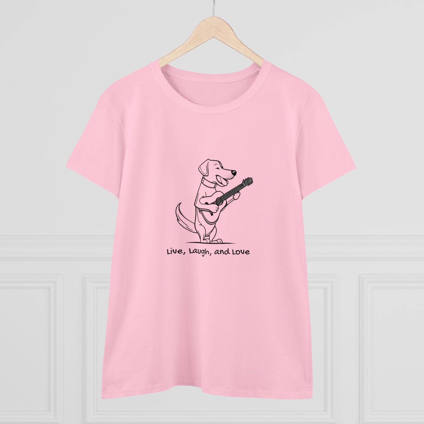 Dog With Guitar. Live, Laugh, and Love. Women's Midweight Cotton Tee