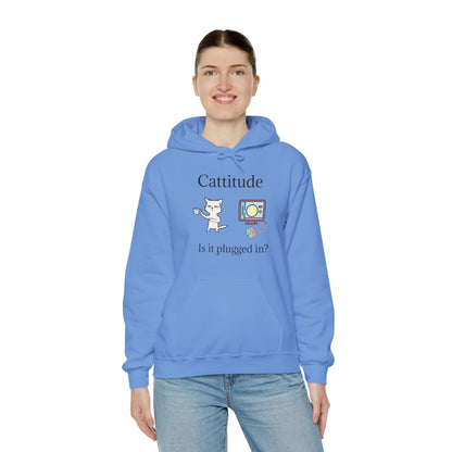 Cattitude, Is it plugged In, Unisex Hooded Sweatshirt.