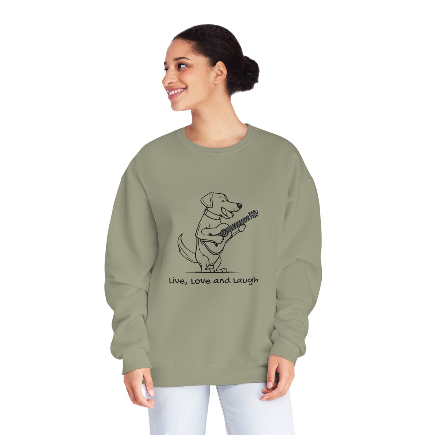 Dog With Guitar. Live, Love and Laugh. Unisex NuBlend® Crewneck Sweatshirt