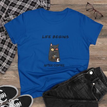 Luna The Cat. Life Begins After Coffee. Women's Midweight Cotton Tee