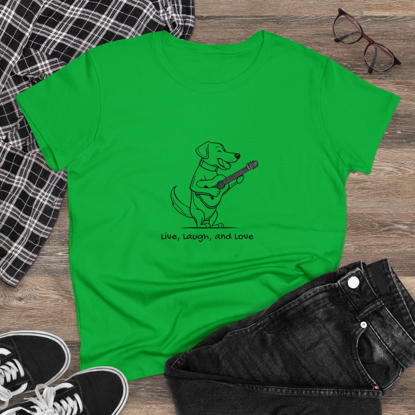 Dog With Guitar. Live, Laugh, and Love. Women's Midweight Cotton Tee