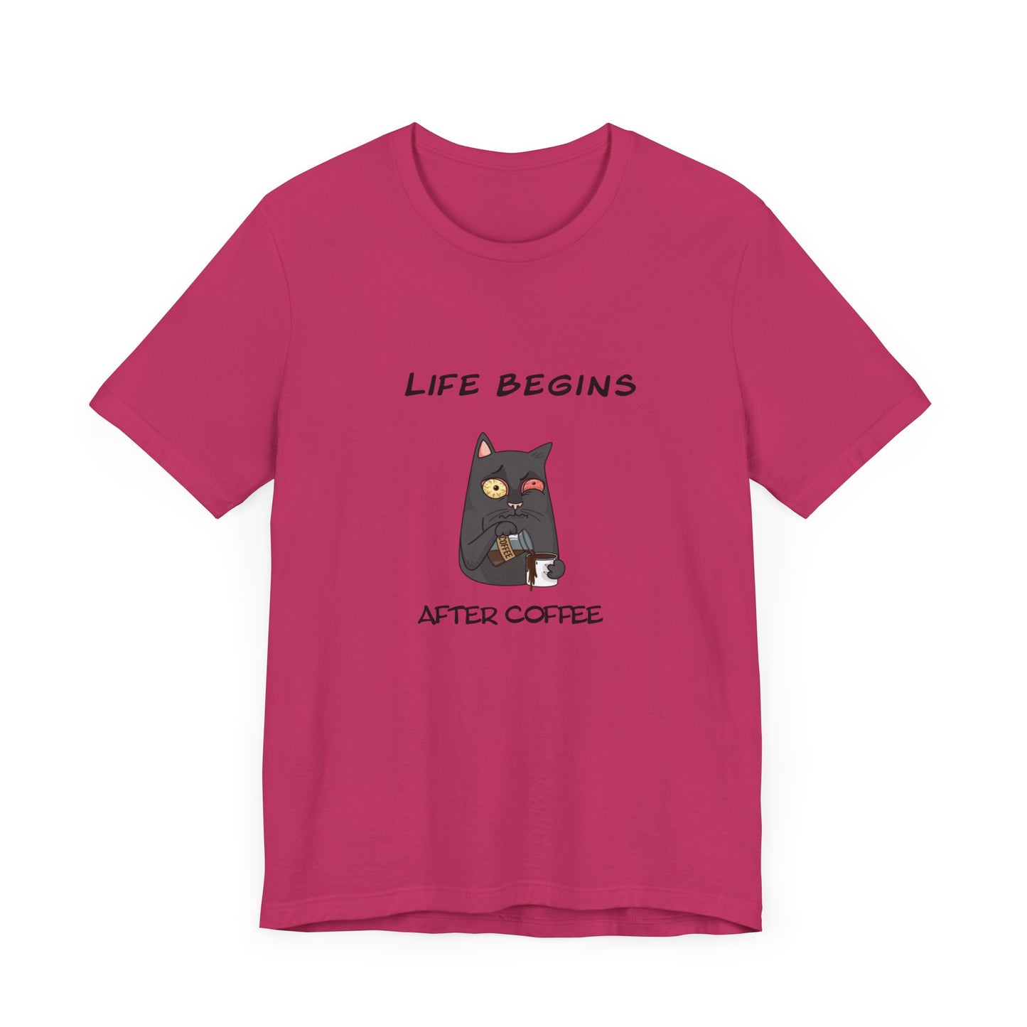 Luna The Cat. Life Begins After Coffee. Unisex Jersey Short Sleeve Tee