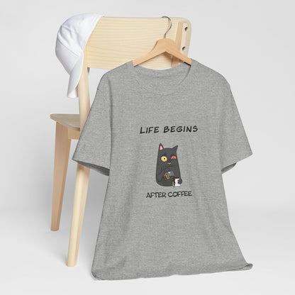 Luna The Cat. Life Begins After Coffee. Unisex Jersey Short Sleeve Tee