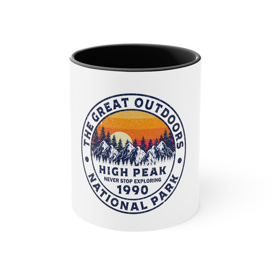 Never Stop Exploring. High Peak National Park. Accent Coffee Mug, 11oz