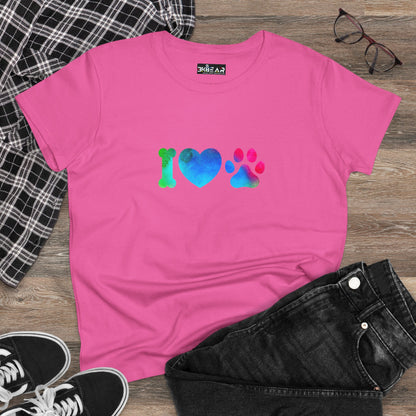 I ♥ Paws Women’s Midweight Cotton Tee – Animal Lover Graphic T-Shirt