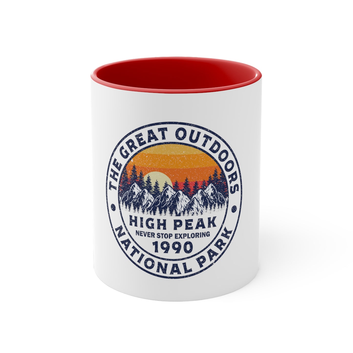 Never Stop Exploring. High Peak National Park. Accent Coffee Mug, 11oz