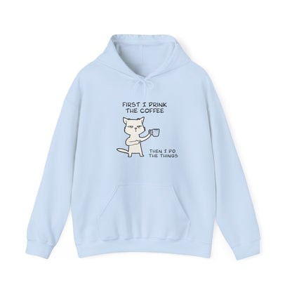 Cat Drinking Coffee To Kick Start The day and Do Things. Unisex Heavy Blend™ Hooded Sweatshirt