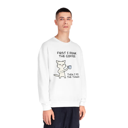 Cat Drinking Coffee To Kick Start The day and Do Things. Unisex NuBlend® Crewneck Sweatshirt