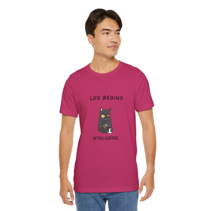 Luna The Cat. Life Begins After Coffee. Unisex Jersey Short Sleeve Tee