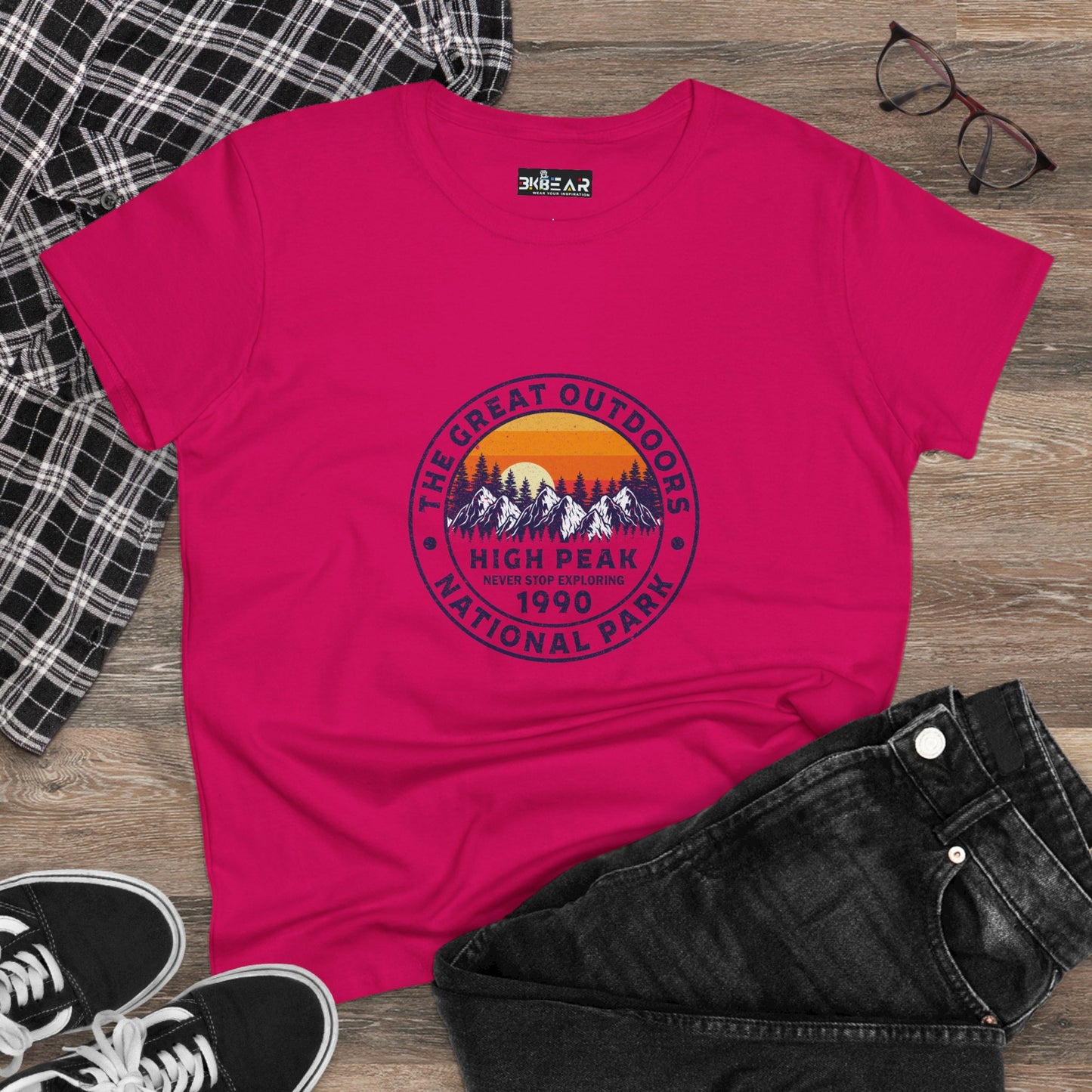 Never Stop Exploring. High Peak National Park. Women's Midweight Cotton Tee